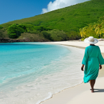 A serene and picturesque scene of Half Moon Bay in Antigua. Expansive white powder sand stretches along the shoreline, meeting the transparent, turquoise-blue Caribbean sea with gentle waves. Lush green tropical foliage frames the background, and a solitary figure, fully clothed in modest beach attire, is seen walking distantly along the tranquil shore. The overall atmosphere is one of peaceful paradise. Perfect anatomy, correct proportions, natural pose. High-quality professional photography, ultra-detailed, vivid colors, realistic rendering, tranquil atmosphere, safe for work, appropriate content, fully clothed, family-friendly.