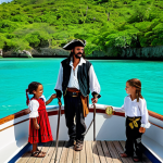 **

"A family on a boat tour in Antigua, exploring a small, uninhabited island. Children are wearing pirate costumes and searching for treasure. Crystal clear turquoise water, lush green vegetation in the background. Everyone is fully clothed in appropriate attire, safe for work, professional photography, perfect anatomy, natural proportions, modest clothing, family-friendly."

**