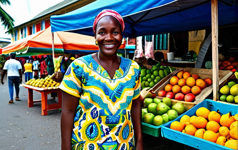 **

A friendly Antiguan local, fully clothed in modest, colorful Caribbean clothing, standing in front of a vibrant street market filled with tropical fruits and local crafts. Safe for work, appropriate content, perfect anatomy, natural proportions, family-friendly, professional photography, high quality.

**