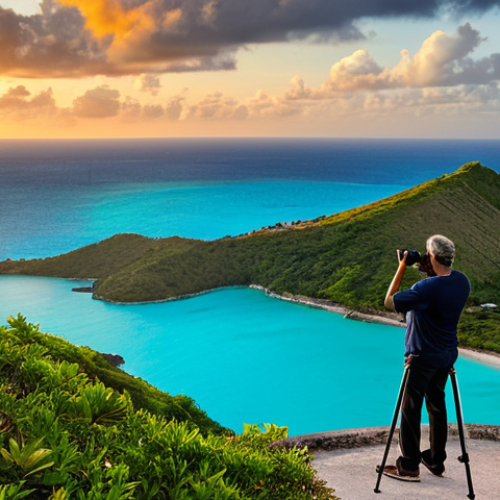 Sunset Panorama**

"Breathtaking panoramic view from Shirley Heights Lookout at sunset, Antigua and Barbuda. Turquoise Caribbean Sea, distant islands, orange sky. A professional photographer is capturing the scene with a camera on a tripod, fully clothed, modest attire. Safe for work, appropriate content, perfect anatomy, correct proportions, natural pose, high quality, professional."

**
