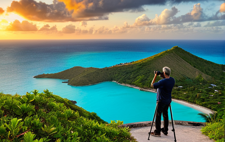 Sunset Panorama**

"Breathtaking panoramic view from Shirley Heights Lookout at sunset, Antigua and Barbuda. Turquoise Caribbean Sea, distant islands, orange sky. A professional photographer is capturing the scene with a camera on a tripod, fully clothed, modest attire. Safe for work, appropriate content, perfect anatomy, correct proportions, natural pose, high quality, professional."

**