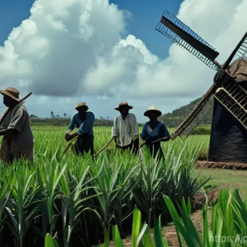 앤티가 바부다 노예제 역사 - **Prompt:** A historical scene depicting enslaved workers on a sprawling sugar cane plantation in An...
