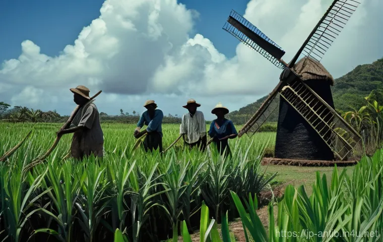 앤티가 바부다 노예제 역사 - **Prompt:** A historical scene depicting enslaved workers on a sprawling sugar cane plantation in An...