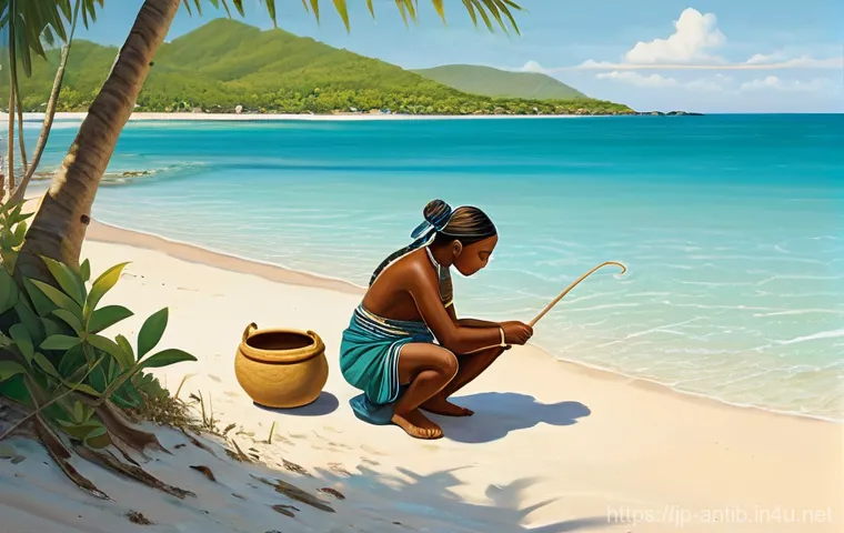 앤티가 바부다 원주민 문화 - Image Prompt 1: Ancient Caribbean Dawn - Daily Life by the Sea**