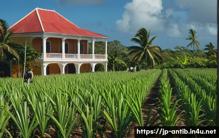 앤티가 바부다 영국 지배 역사 - A detailed colonial-era Antigua and Barbuda sugar plantation scene in the 17th century, showcasing l...
