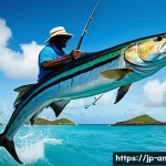 앤티가 바부다 낚시 여행 - A vibrant scene of a fishing boat gently trolling in the clear turquoise waters off Antigua and Barb...