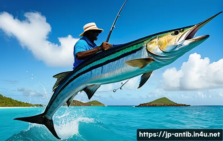 앤티가 바부다 낚시 여행 - A vibrant scene of a fishing boat gently trolling in the clear turquoise waters off Antigua and Barb...