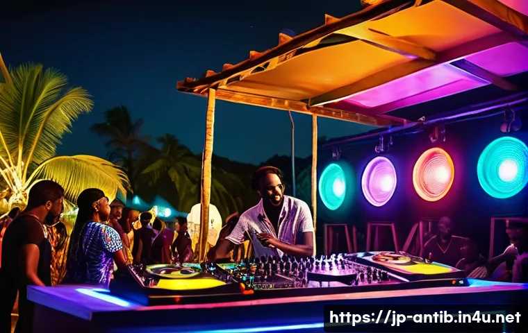 앤티가 바부다 클럽 및 바 추천 - A lively open-air nightclub scene in Antigua and Barbuda at night, featuring diverse music genres li...