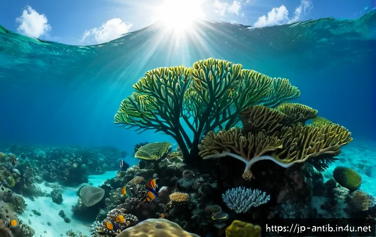 앤티가 바부다 산호초 보존 - Photorealistic underwater view of a thriving Antigua and Barbuda coral reef restoration site, health...
