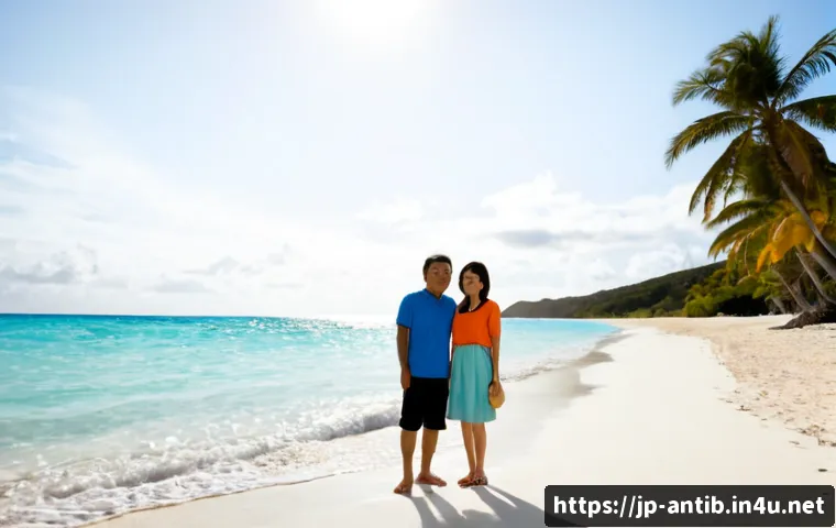 앤티가 바부다 여행 후기 모음 - Photorealistic travel scene in Antigua and Barbuda, a relaxed Japanese couple in casual summer cloth...