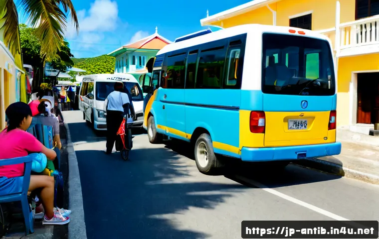 앤티가 바부다 대중교통 옵션 - Photorealistic Antigua and Barbuda public transportation scene, colorful shared minibus stopping bes...
