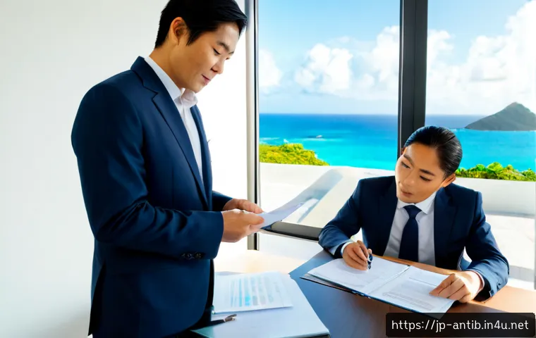 앤티가 바부다 기업 등록 장점 - Photorealistic business registration consultation in a bright modern office overlooking the turquois...
